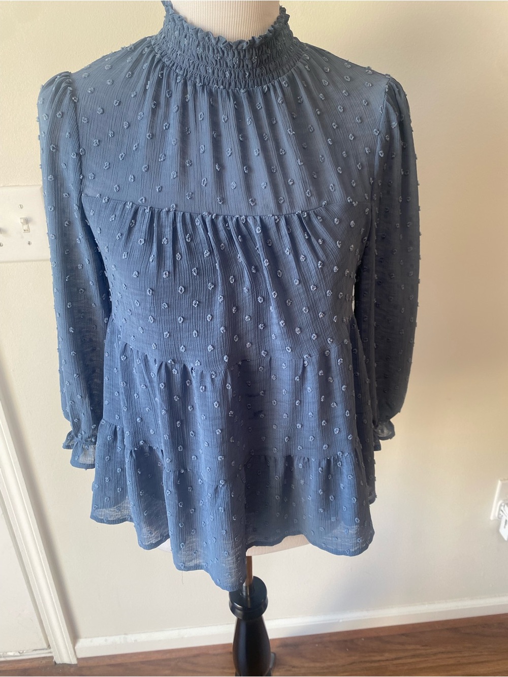 Monteau Los Angeles Stone Blue Swiss Dot Tiered Ruffle Blouse